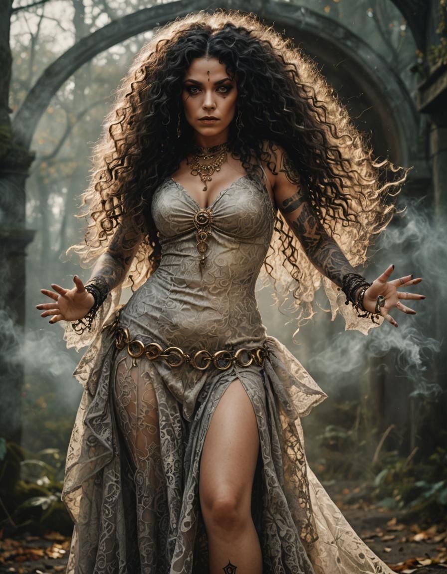 Cinematic Witch Portrait with Dark Hair and Tattoos