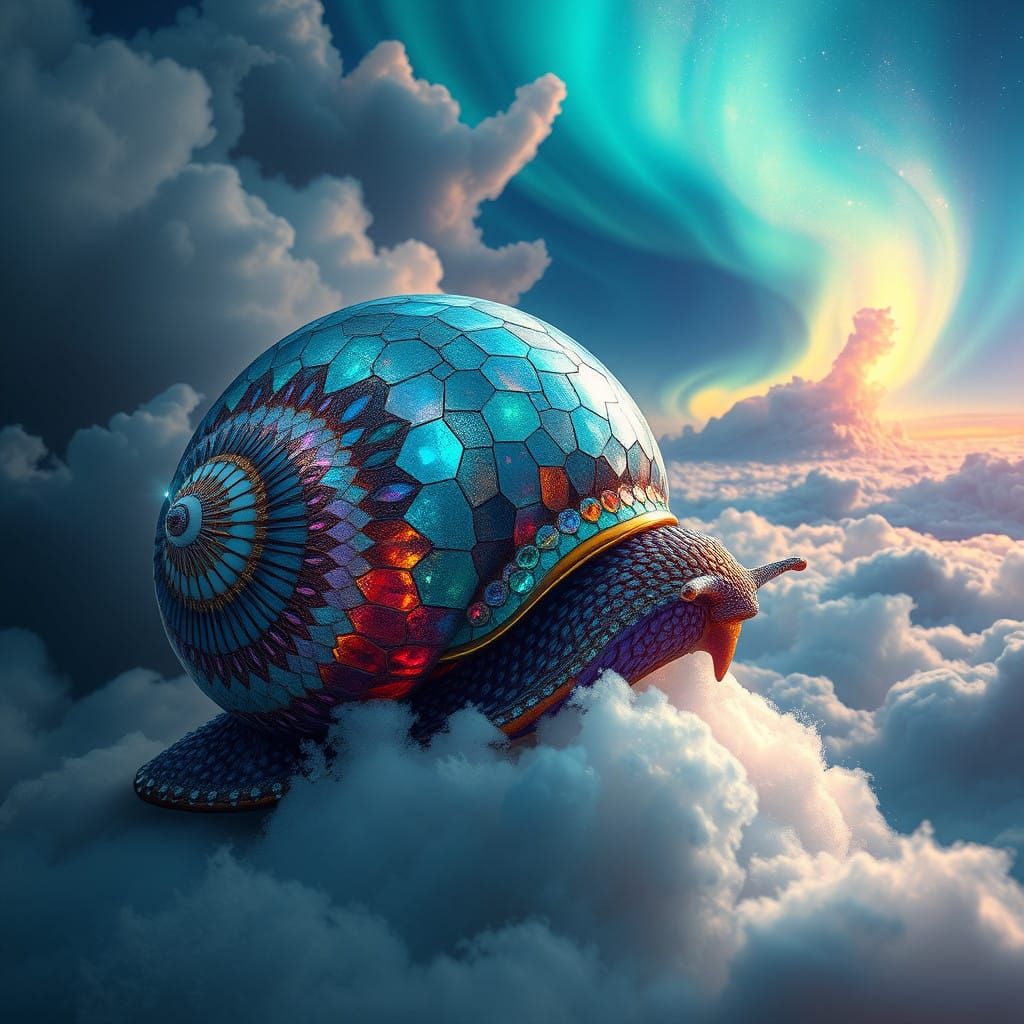 Surreal Mosaic Snail Radiates Peacock Light in Dreamlike Lan...