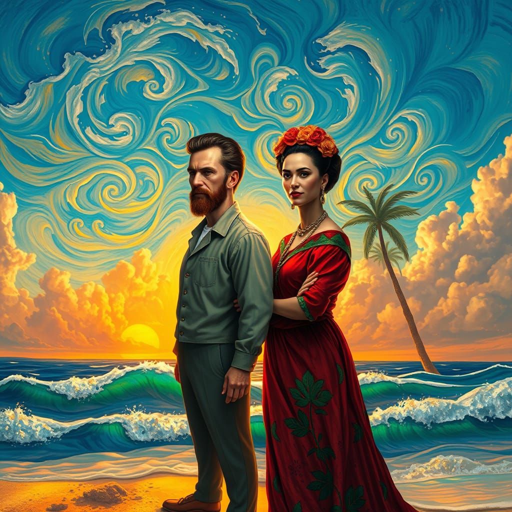 Van Gogh and Kahlo in Vibrant Beach Scene