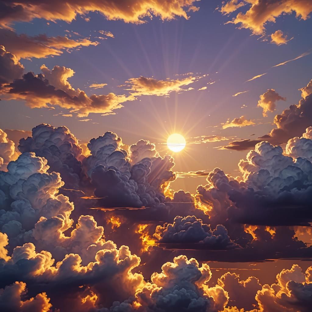 Sunset Clouds with Volumetric Lighting in Deep Color