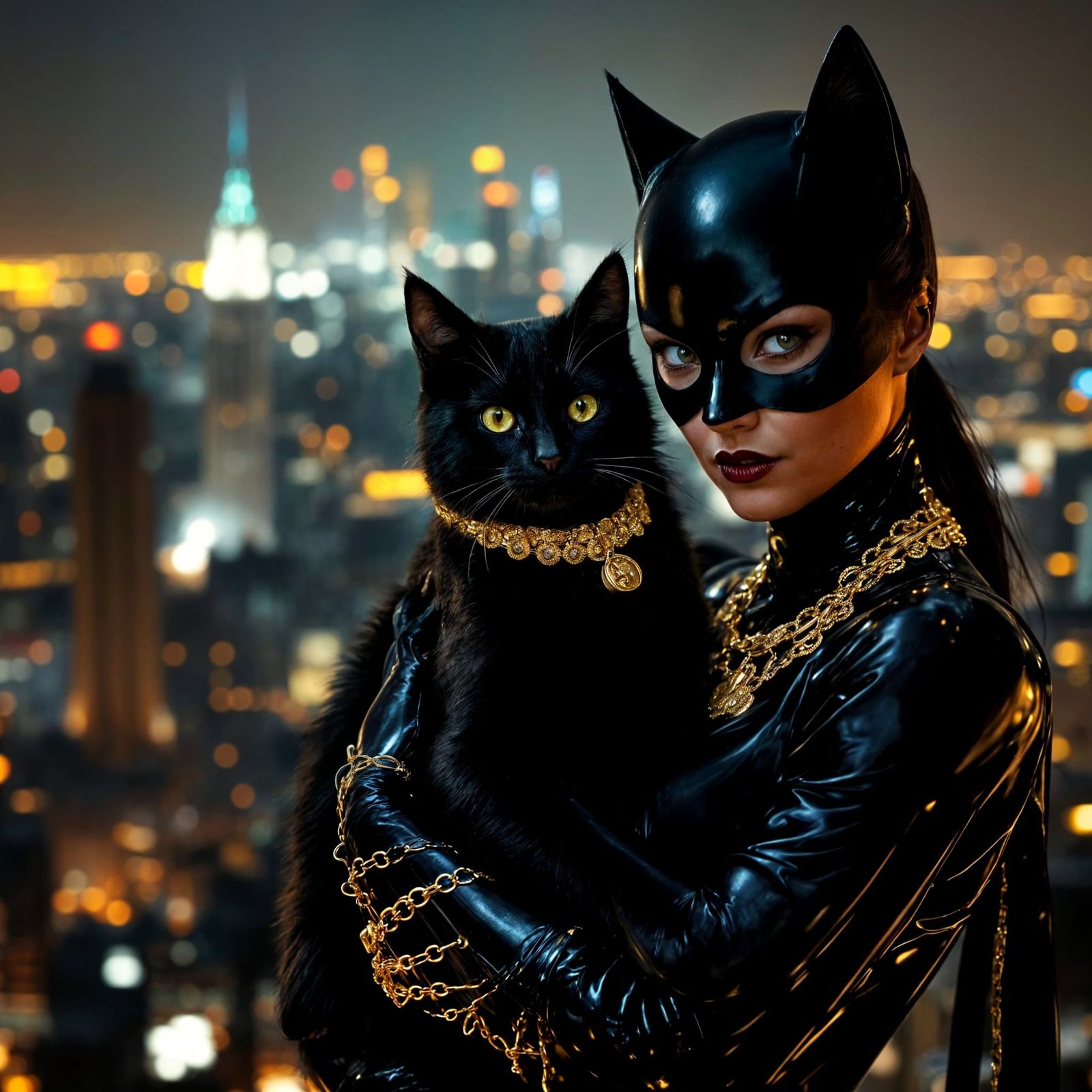 Catwoman with Black Cat in Night Cityscape