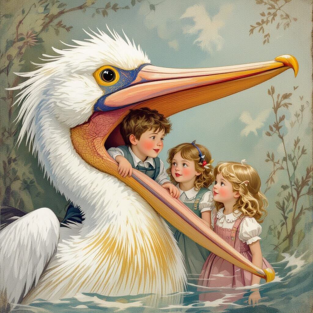 Children in Pelican Beak: Whimsical Illustration