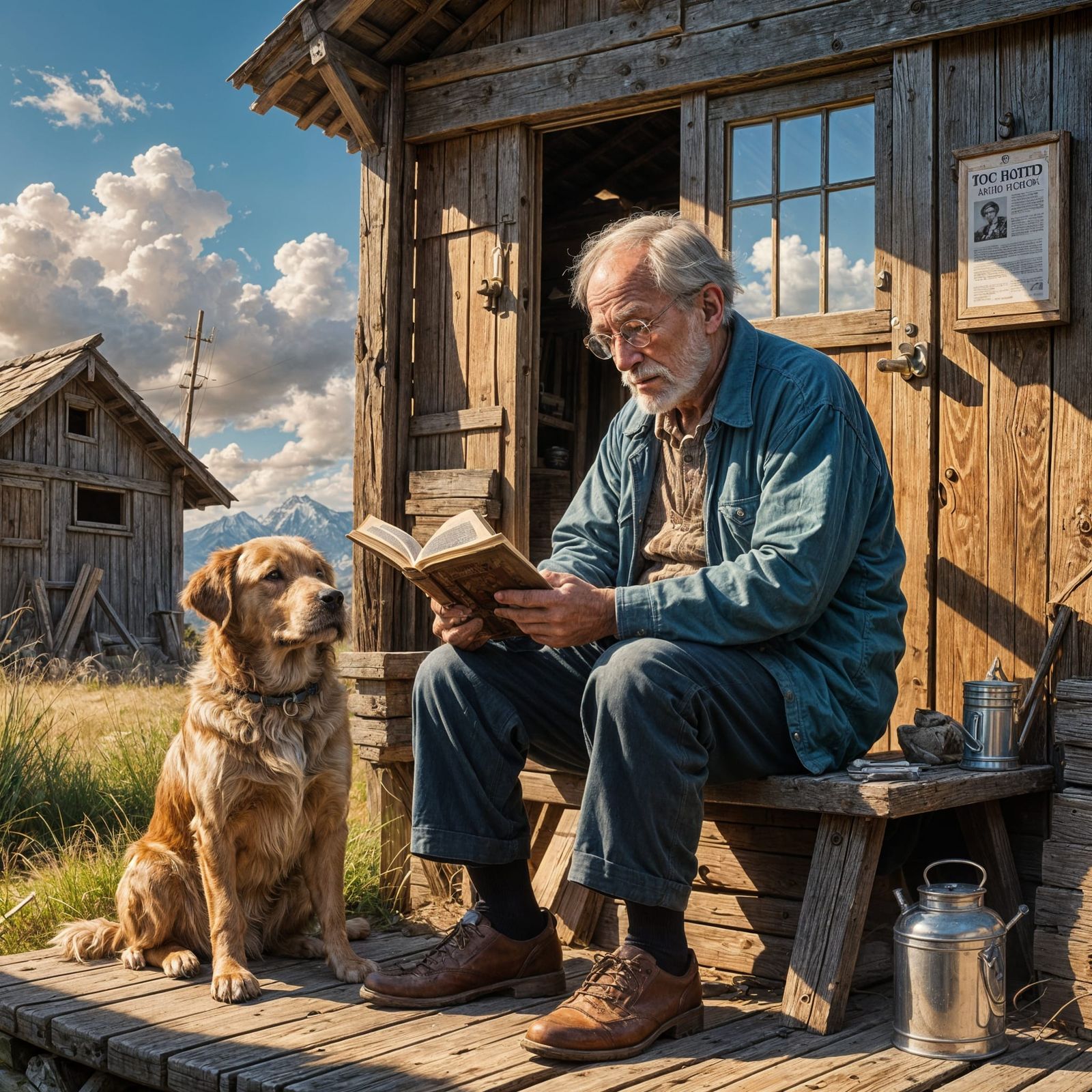 Old Man and Dog Reading in Sunny Weather