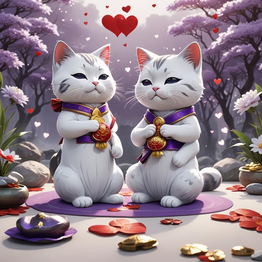 Two Cats Meditating in Anime Style