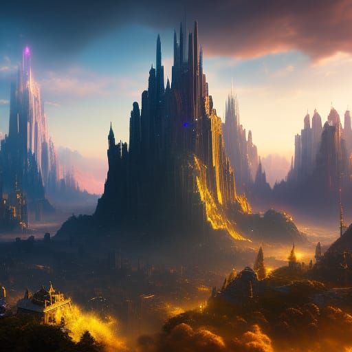 Floating Celestial City in Dark Fantasy Style