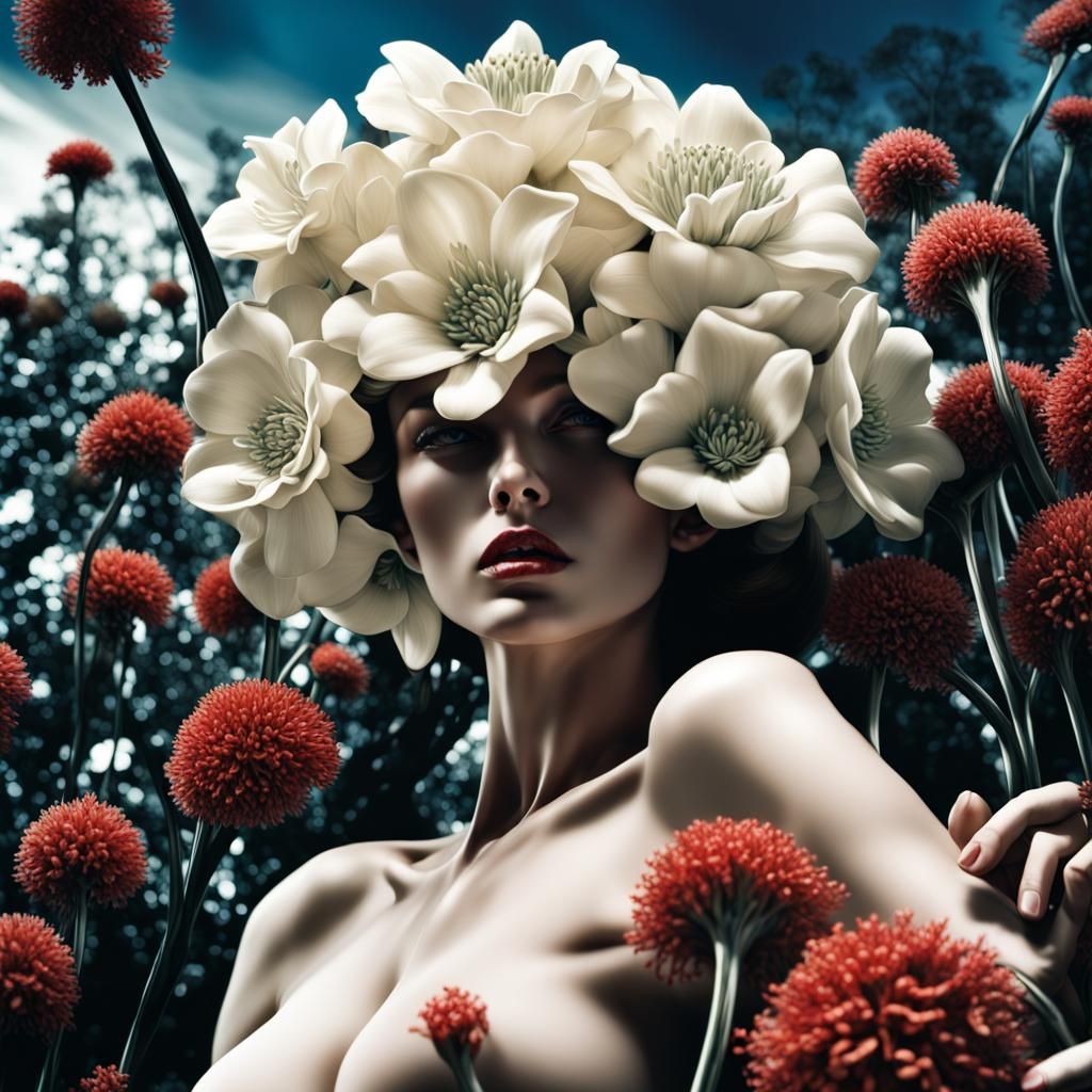 synaptic Flowers, in the style of photographer Helmut Newton, digital art, perfect composition, beautiful insanely detai...
