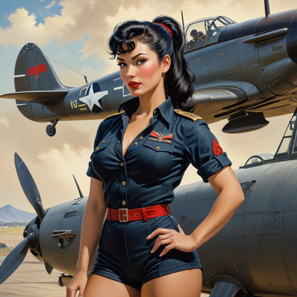 Confident Pin-Up Woman Soldier in Oil Painting Style