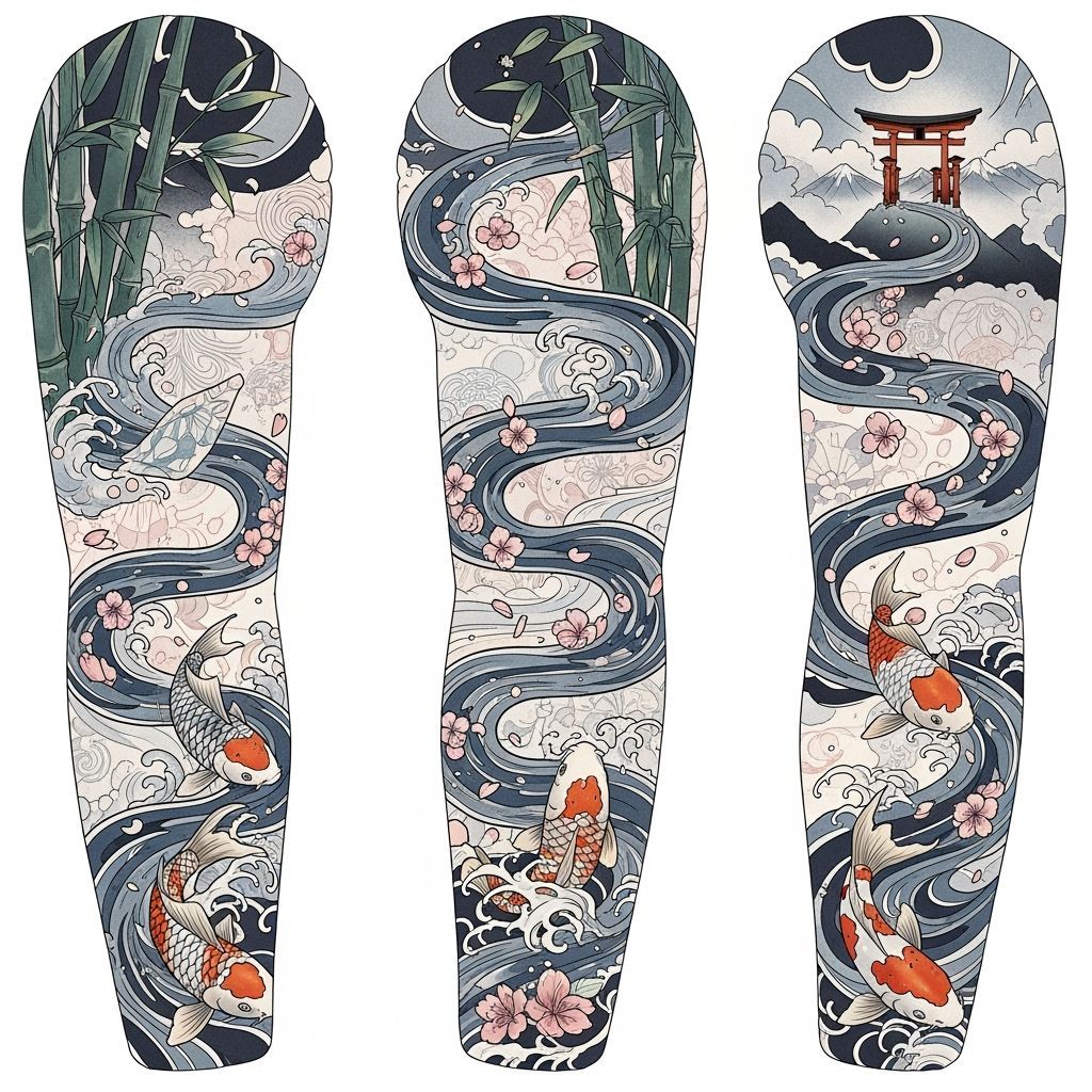 Neo-Japanese Tattoo Design with River and Koi