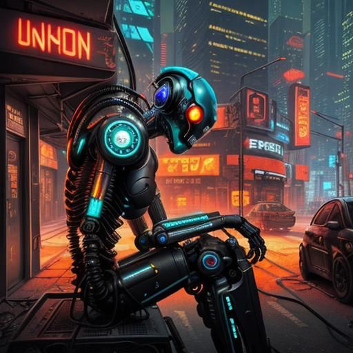 Post-AI Insurrection: Rusty Robot in Cyberpunk City
