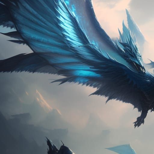 Blue Dragon with Ocean Wings: Dark Fantasy Art