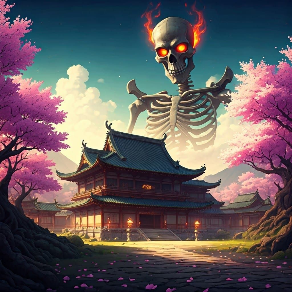 A traditional Ukiyo-e style image of the Asano Takeji temple surrounded by multiple cherry blossom trees in full bloom. ...