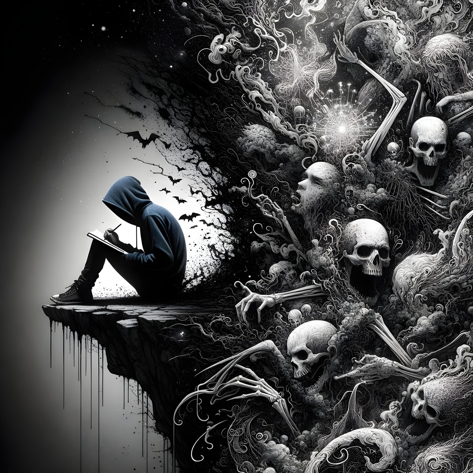 Hooded Artist Contemplates Cosmic Horror