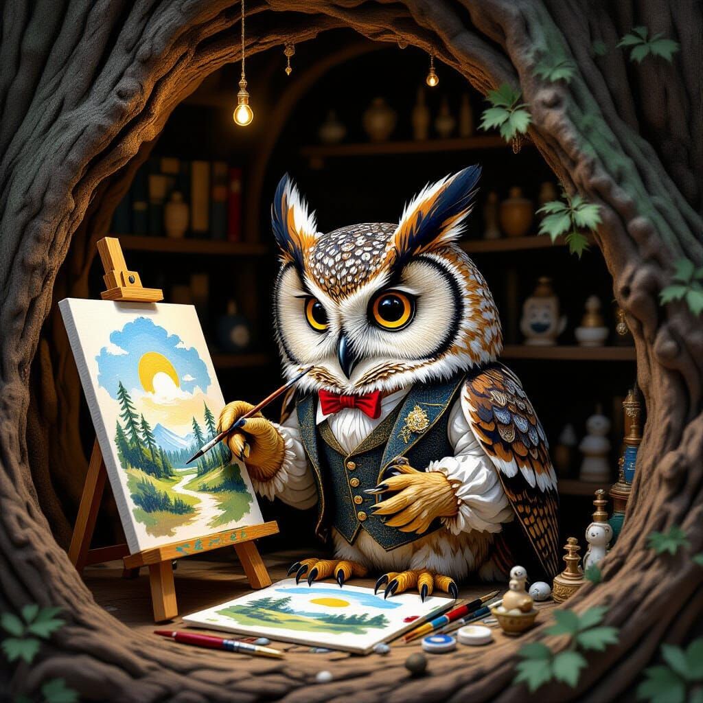 Wise Owl Artist Paints Miniature Landscape in Tree Hollow