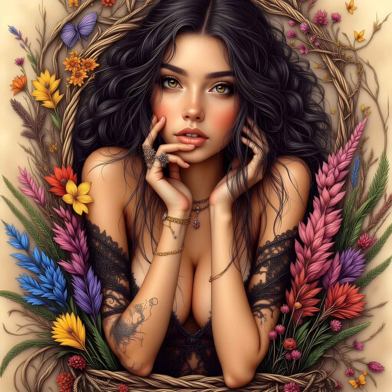 Surreal Portrait of a Woman with Hand-Drawn Bohemian Style