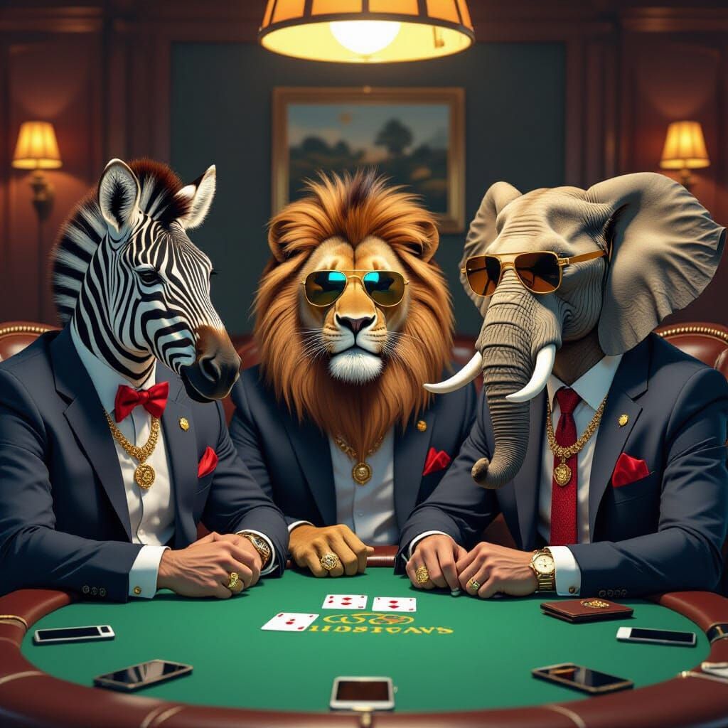 Animals Play Poker in Vivid Digital Art Style