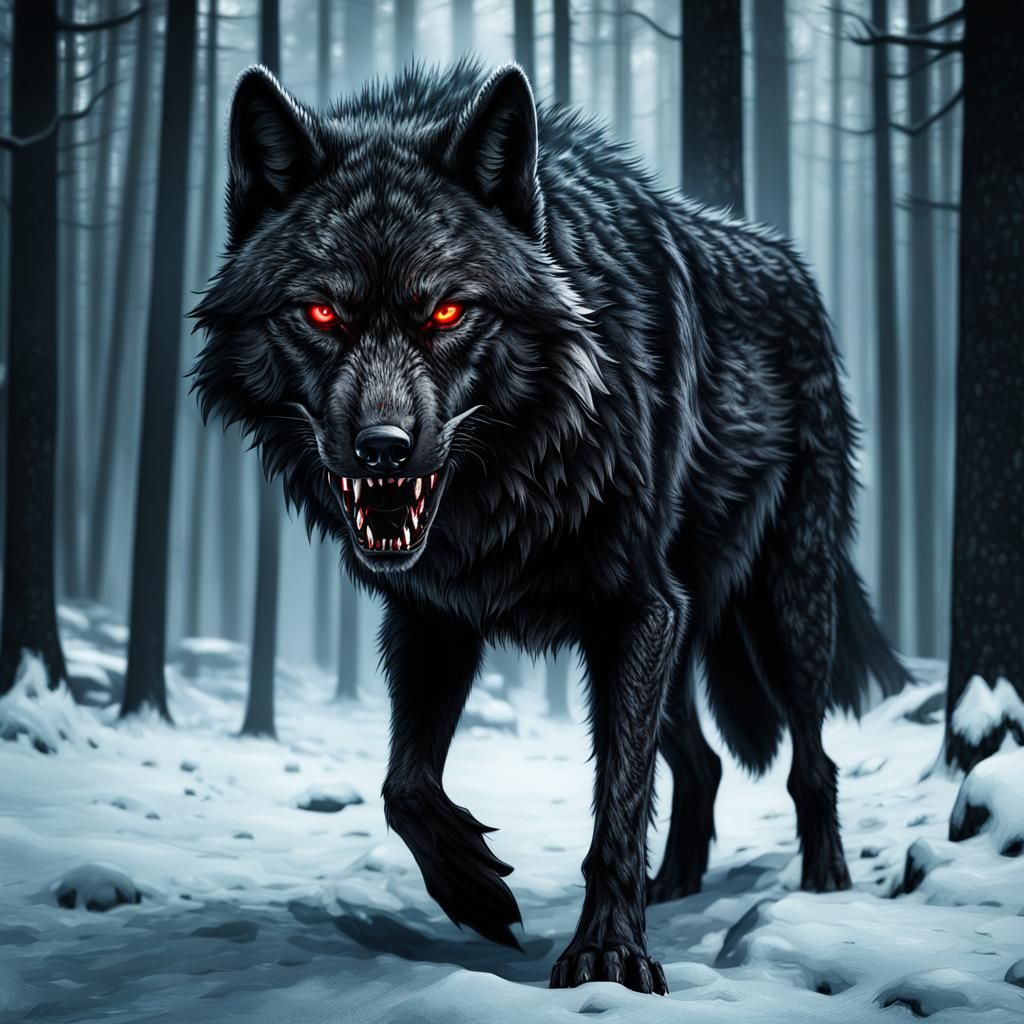 Demonic Black Wolf with Red Eyes
