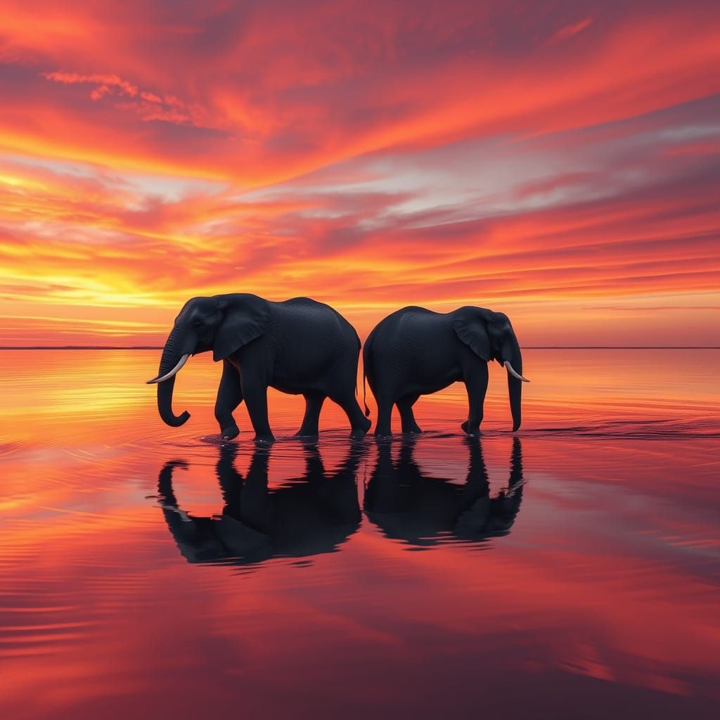 Two elephants silhouetted against