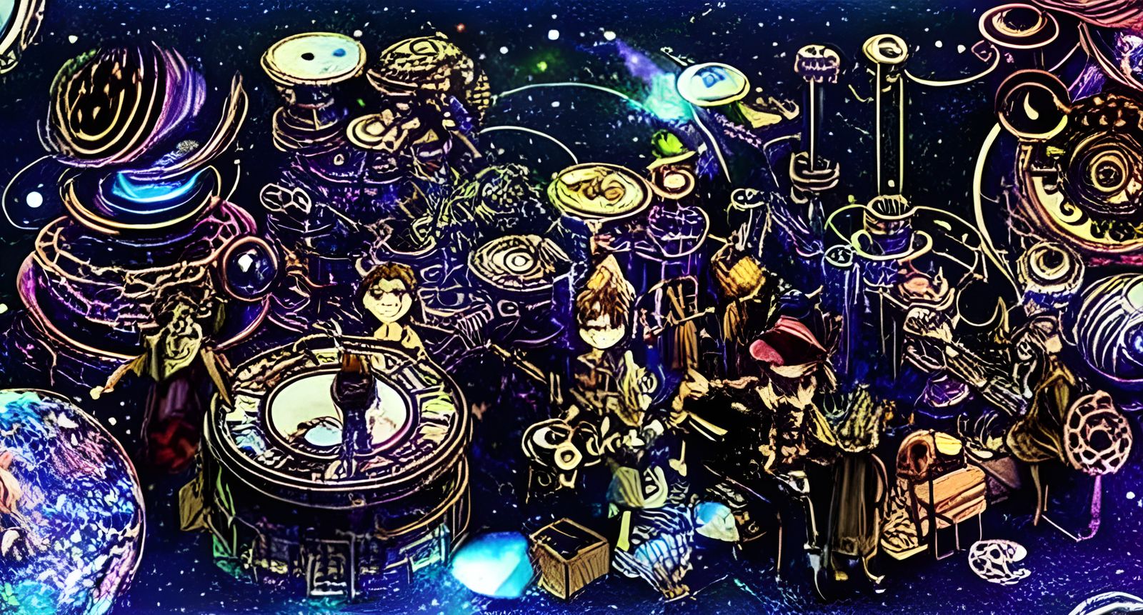 Cosmic Family: Holographic Steampunk Astral Illustration