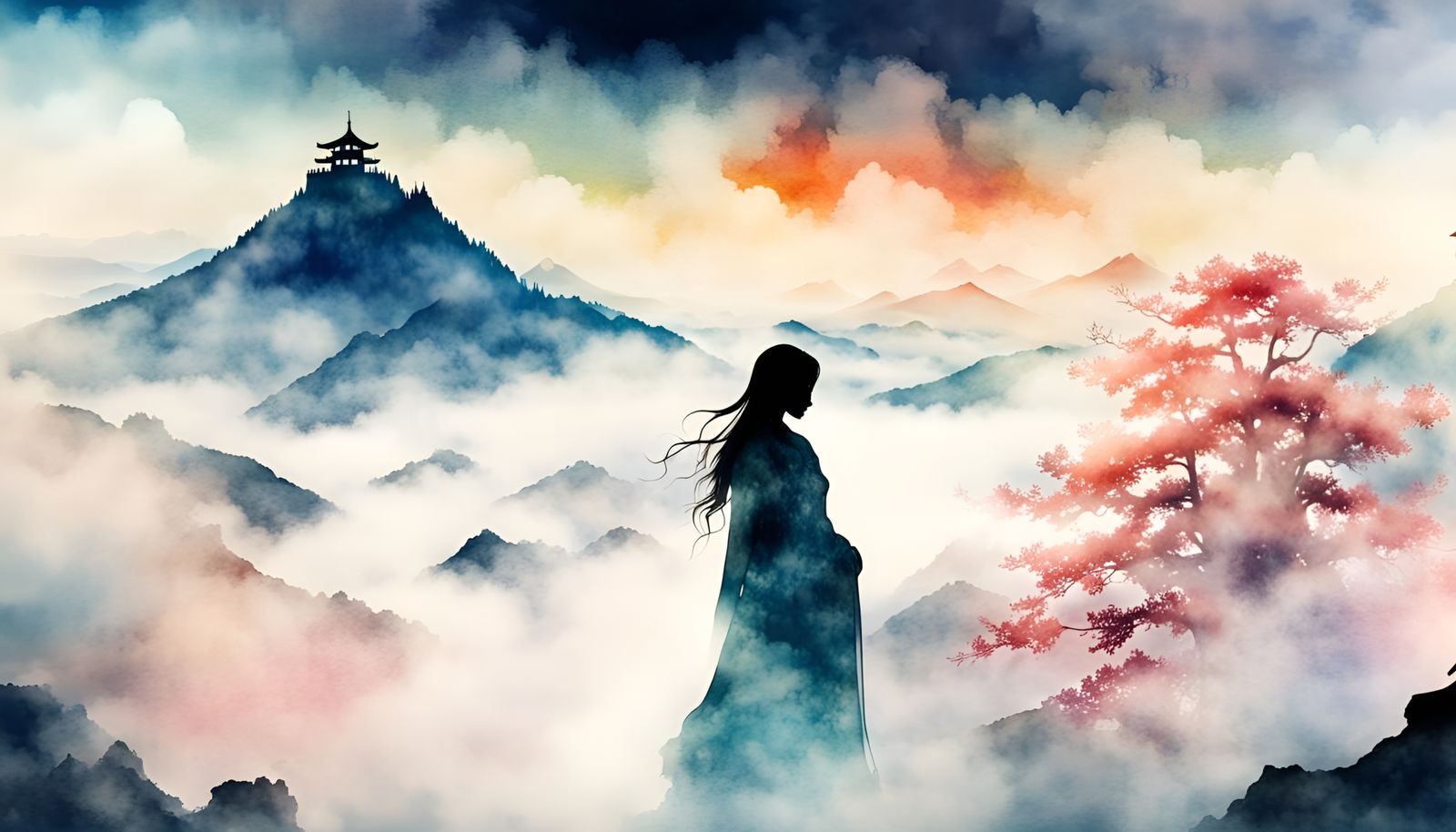Dreamy Japanese Silhouette in Watercolour Style