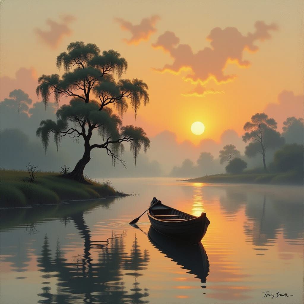 Dreamlike Boat on River Painting in Allegory Style