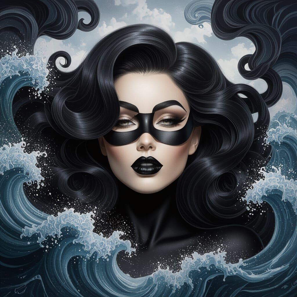 Mysterious Masked Woman Portrait in Bold Black Ink