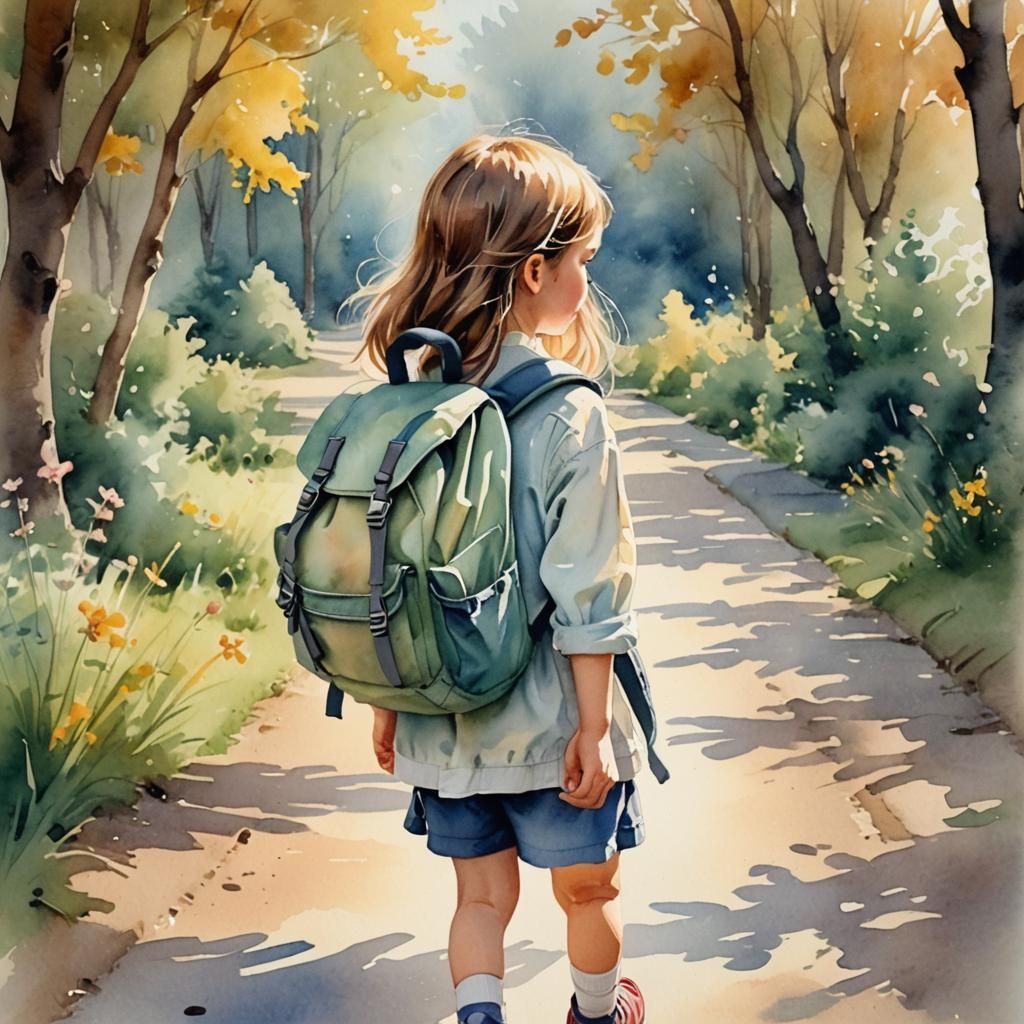 Watercolor Illustration of Shy Girl with Backpack