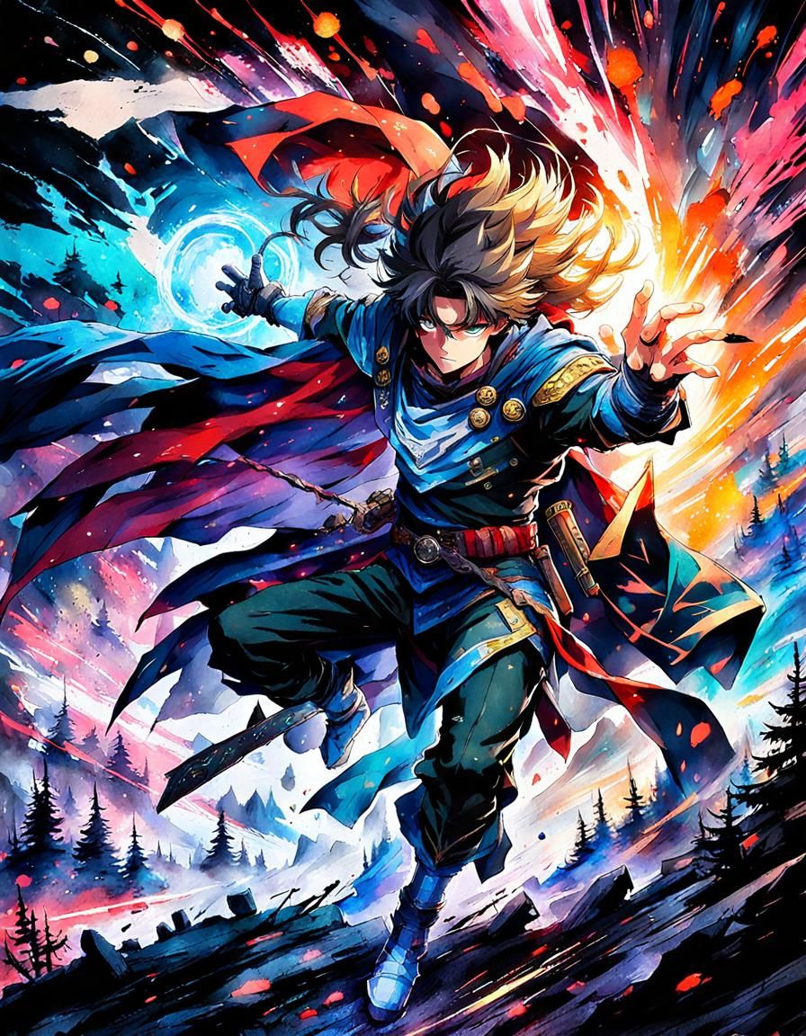 Heroic Anime Protector in Mountain Forest, Manga Style