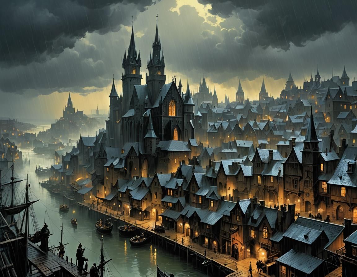 Gothic Medieval Port City in the Rain