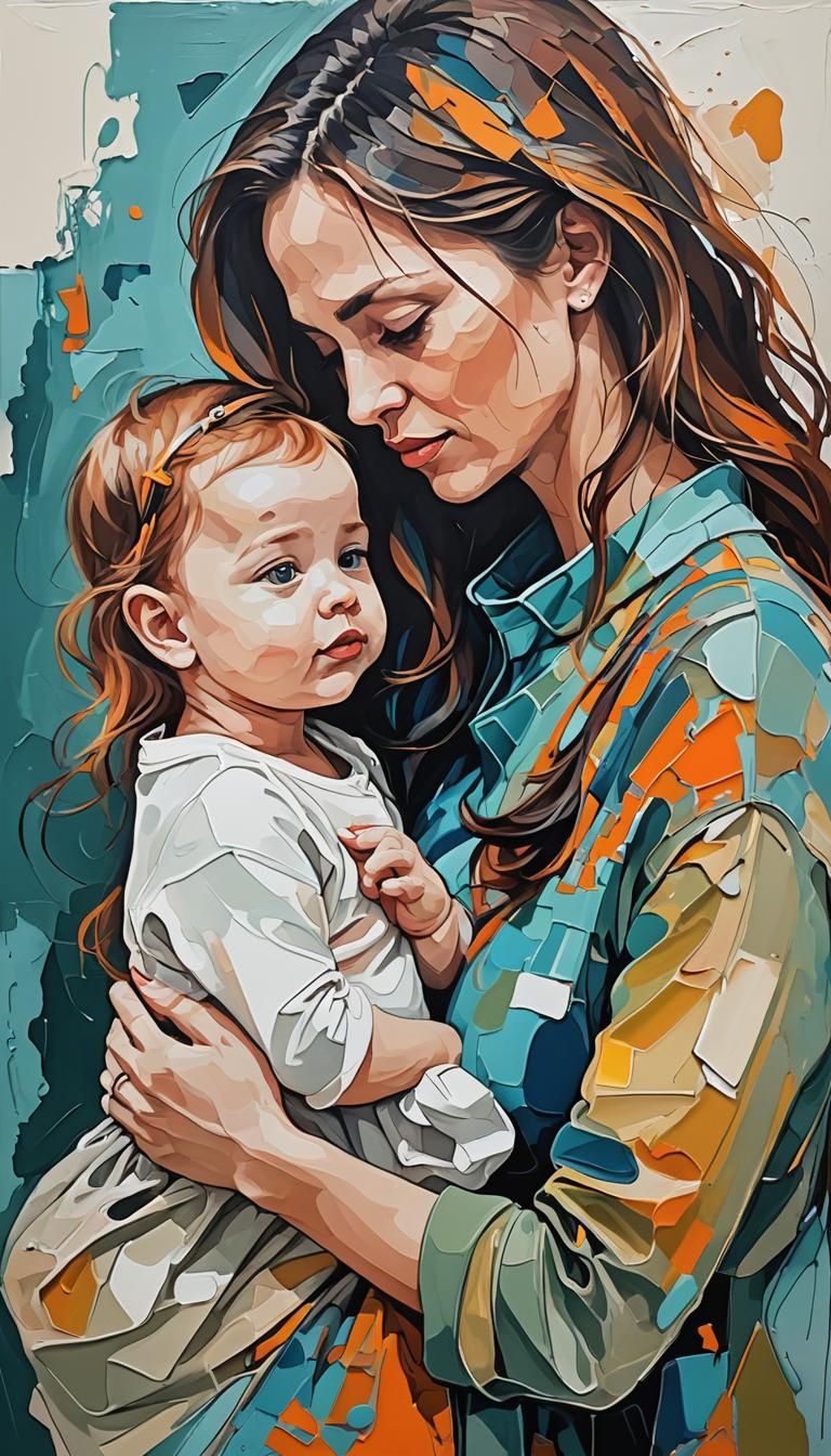 Abstract Art: Young Mom and Baby in Vivid Colors