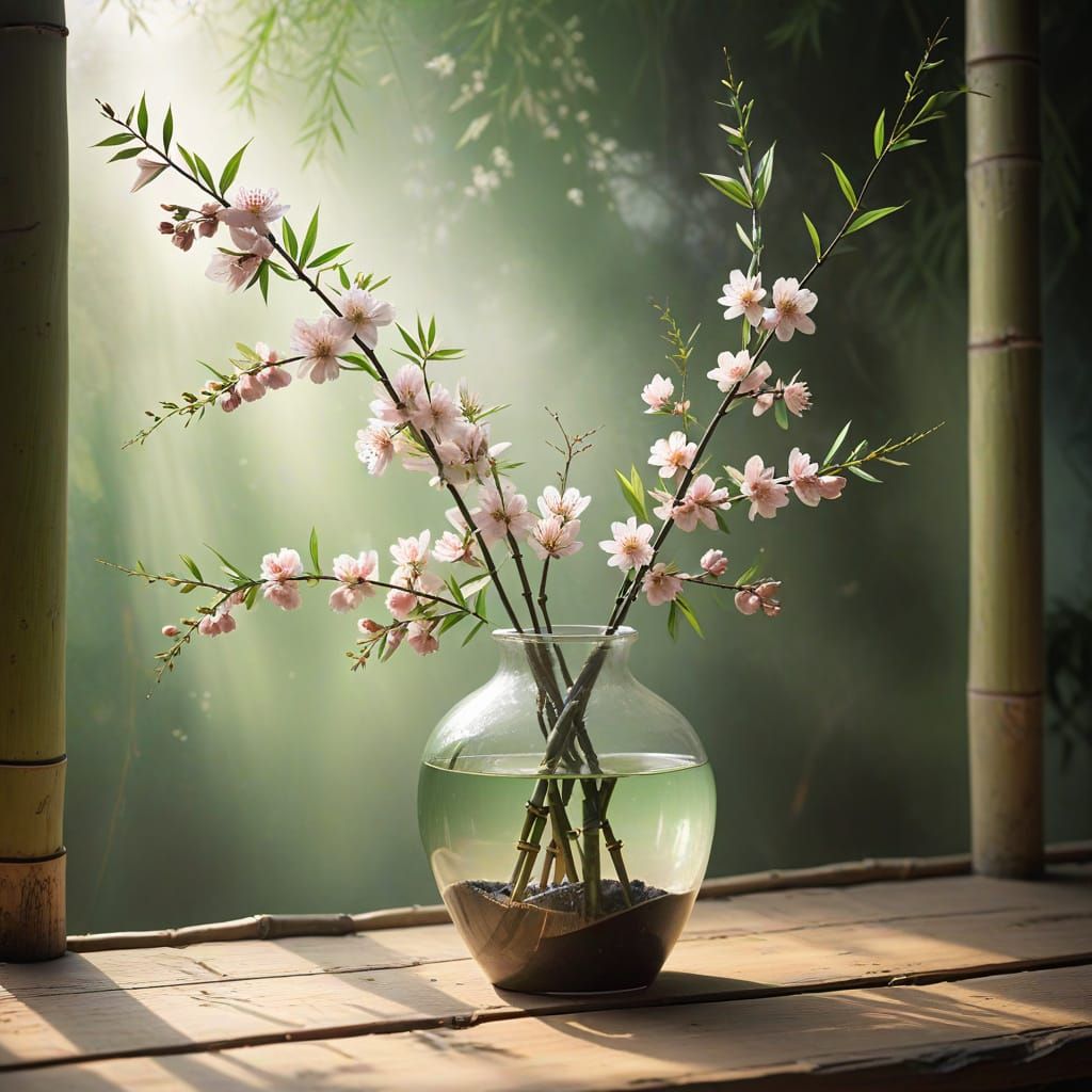 Ikebana Arrangement in Pastel Watercolor Style