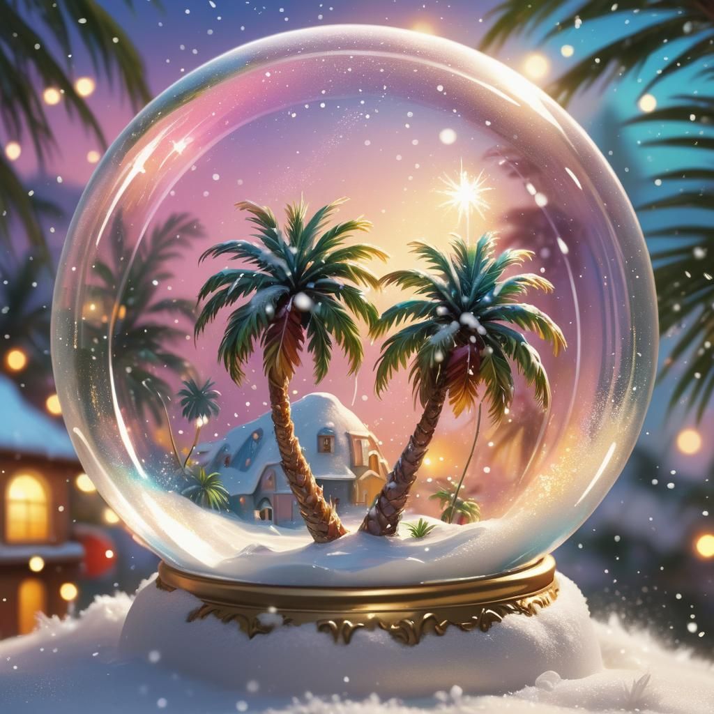 Palm Tree in Snow Globe: Whimsical Digital Painting