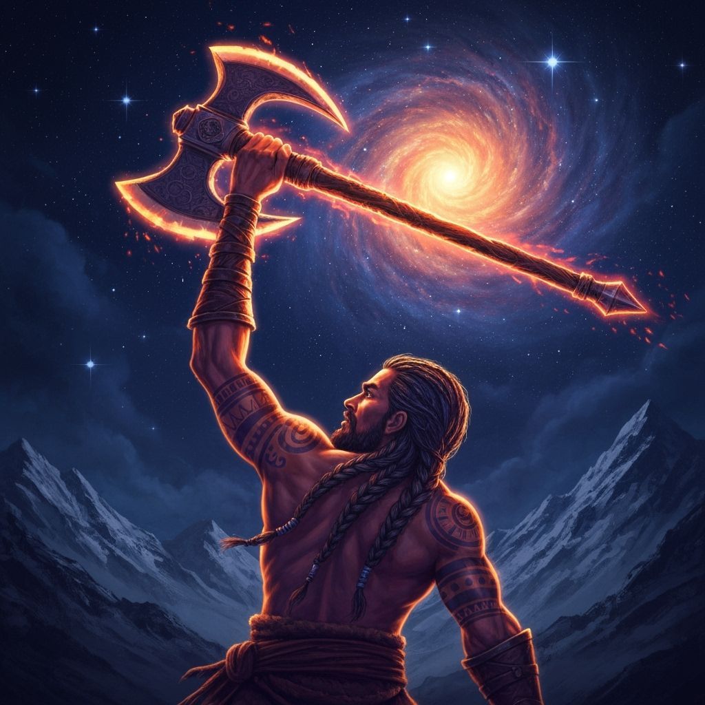 Fantasy Mountain Warrior Raises Glowing Axe to Nebula