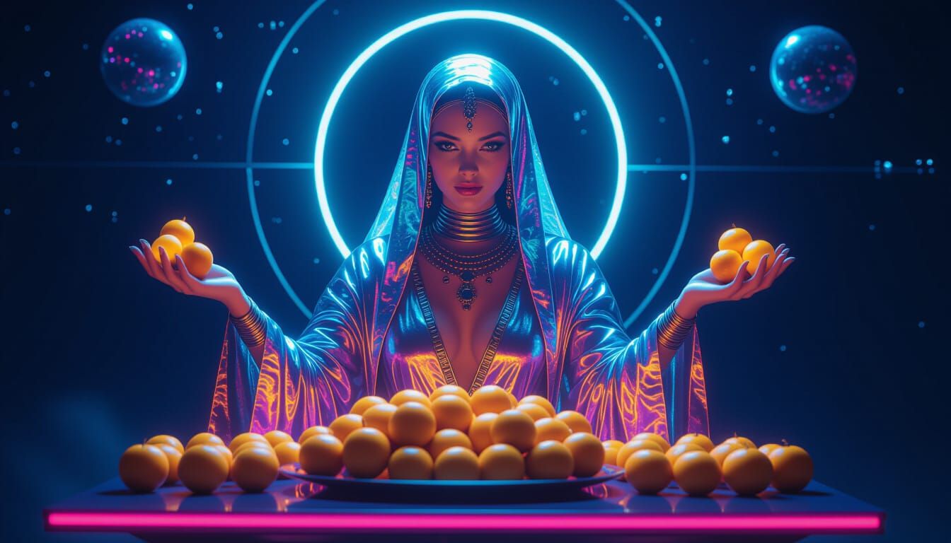 Goddess Cascade of Bioluminescent Fruit: Cosmic Surrealism