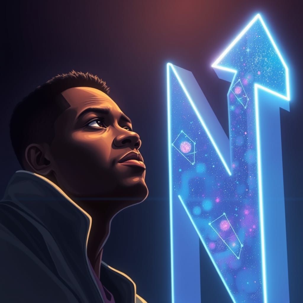 Man Gazes at Holographic 'N' with Cosmic Interior