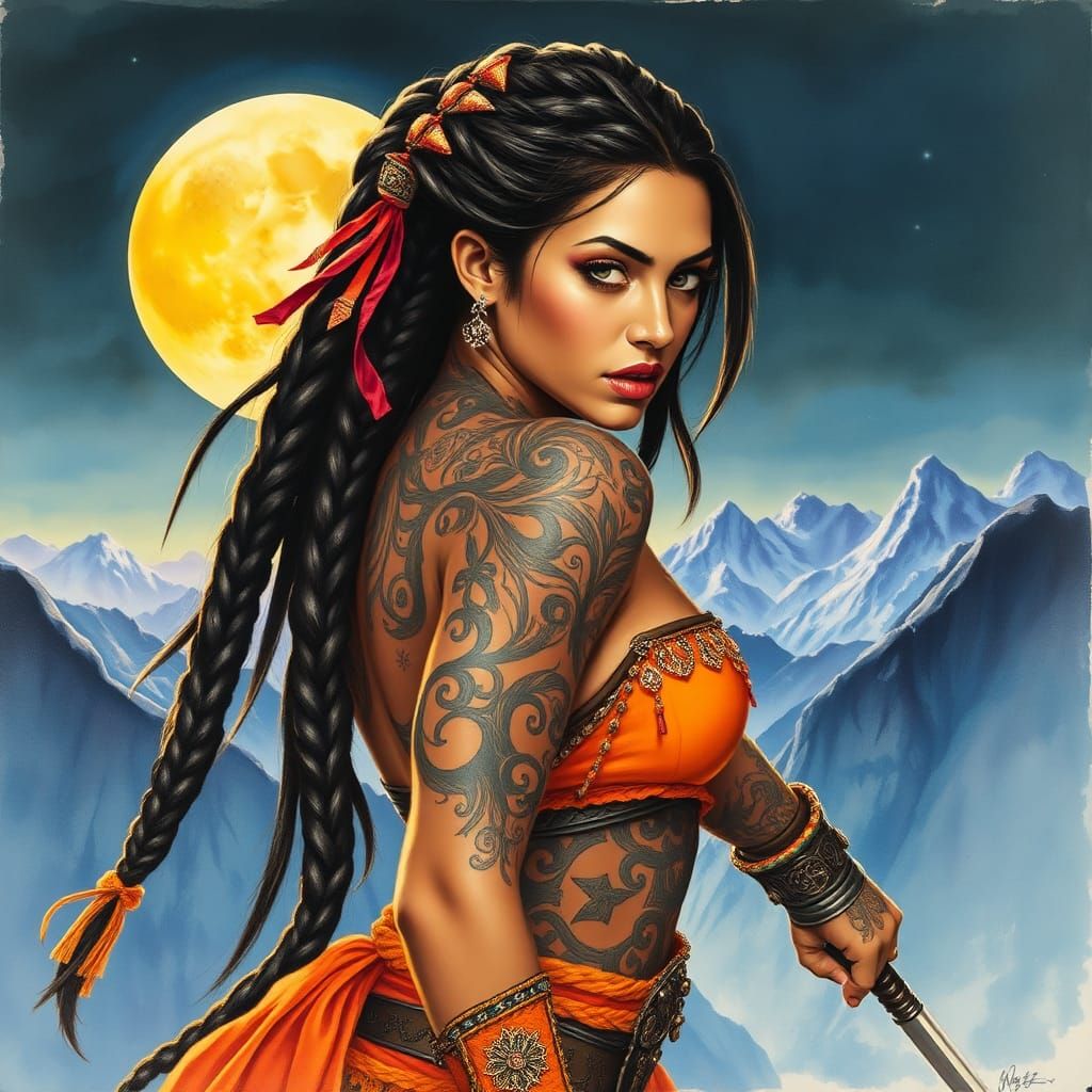 Latina Warrioress in Action: Hyperdetailed Surrealist Scene