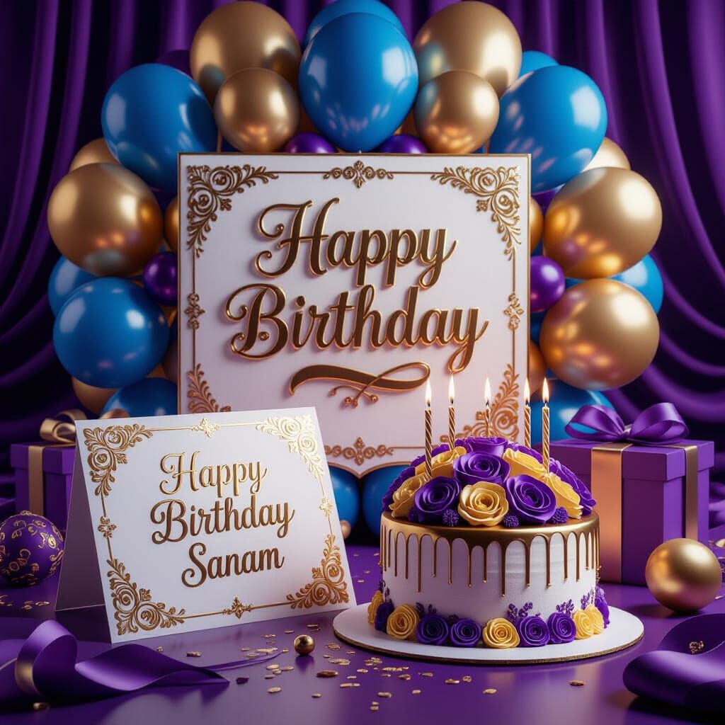 Elegant 3D Birthday Scene With Royal Blue and Gold Balloons