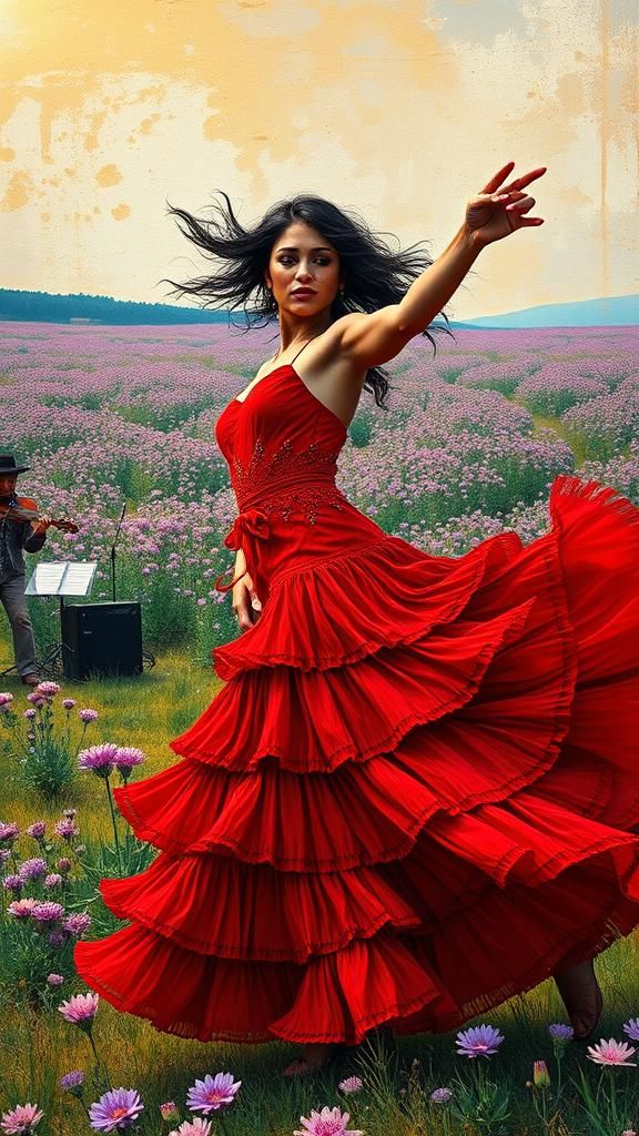 Flamenco Dancer in Cornflower Field: Graffiti Street Art