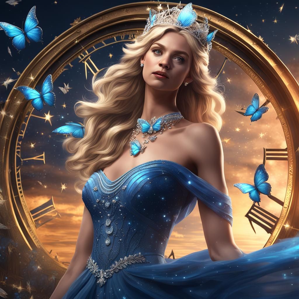 Woman with Tiara, Butterflies, and Clock