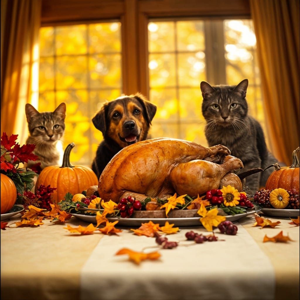 Thanksgiving Feast Interrupted by Pets: A Cinematic Still