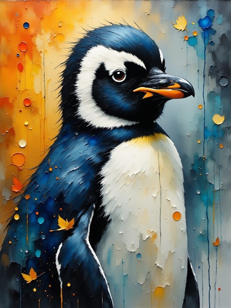 Adorable Baby Penguin Portrait in Vibrant Palette Knife Styl...
