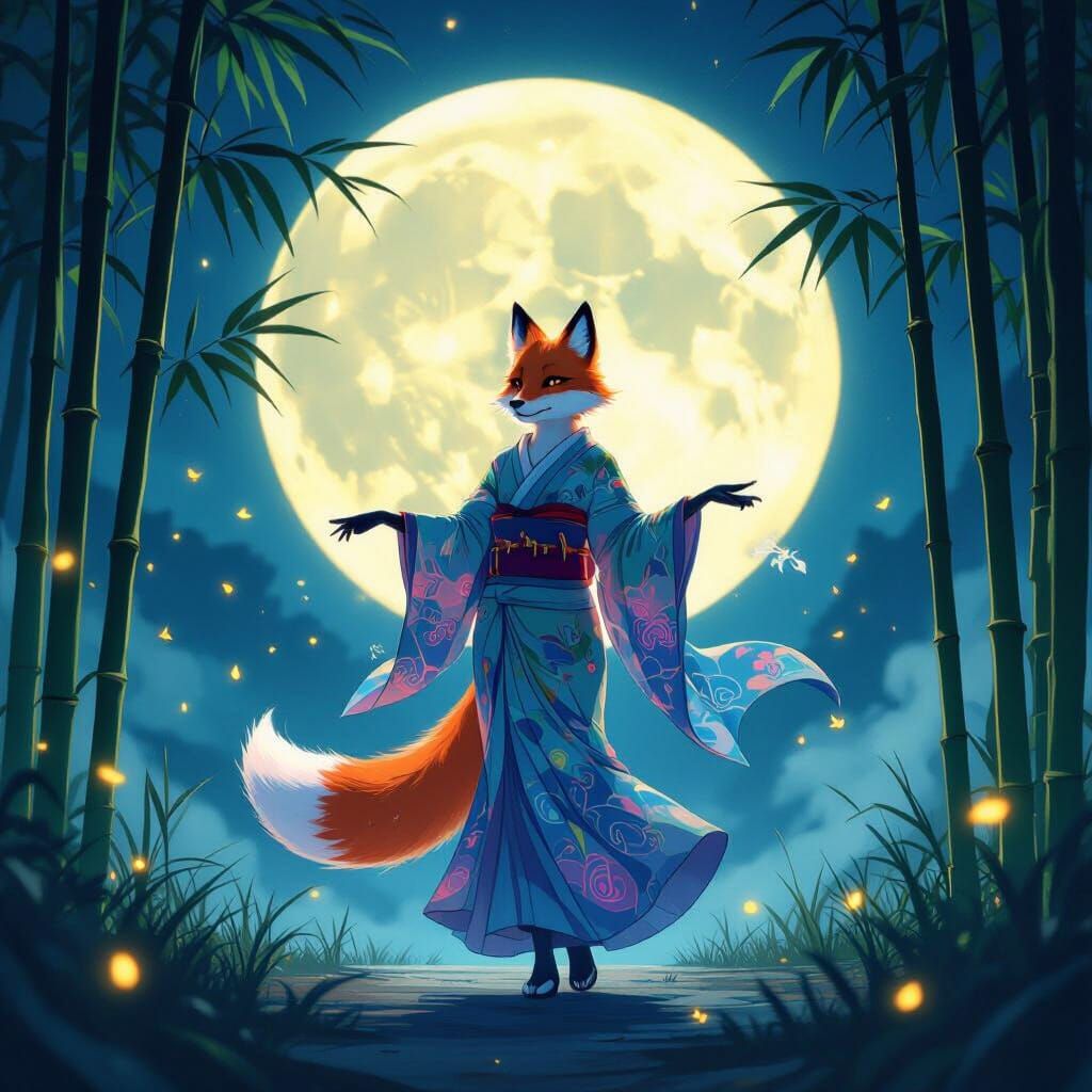 Bioluminescent Fox Spirit Dance in Neon Anime Style