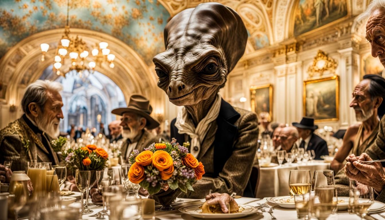 Surreal Alien Restaurant Celebration in Magical Realism