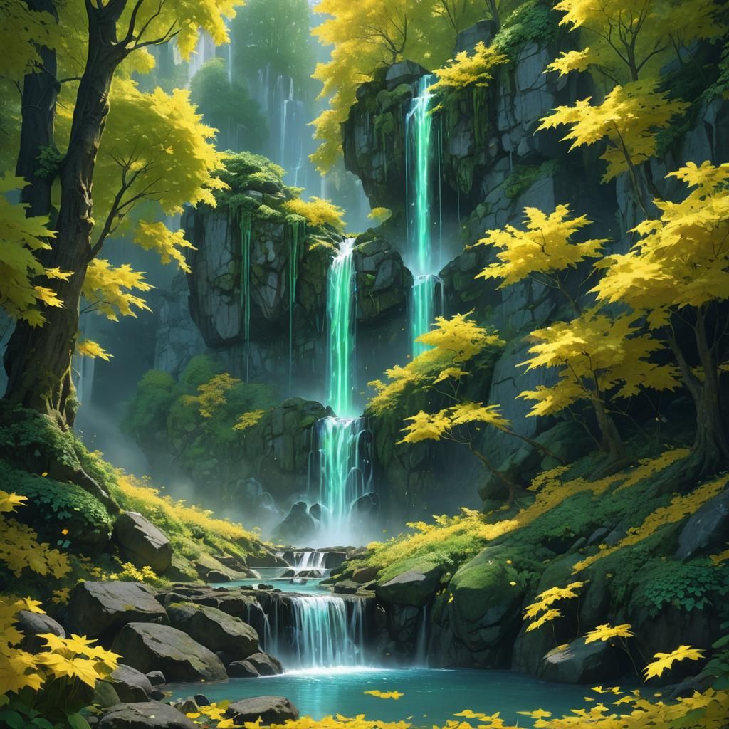 Emerald Waterfall and Neon Autumn Leaves in Fantasy Art