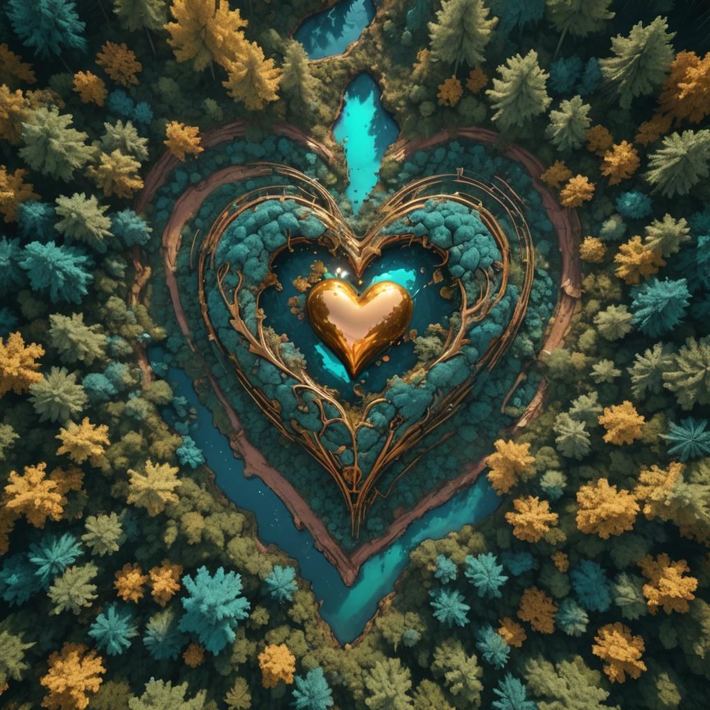 Golden Heart in Teal and Copper Forest