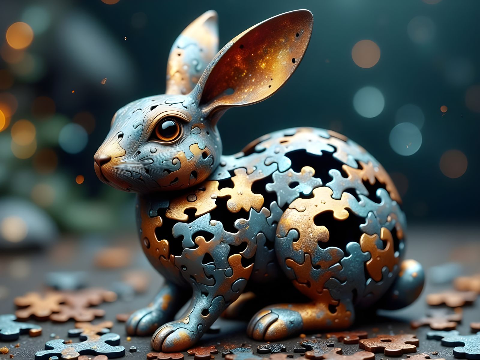Rusty Metal Puzzle Bunny: Dreamy 3D Sculpture