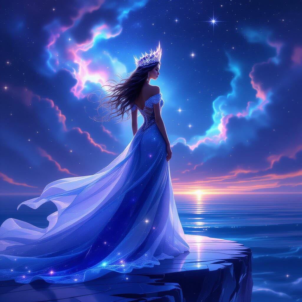 Celestial Queen in Cosmic Ocean Vista
