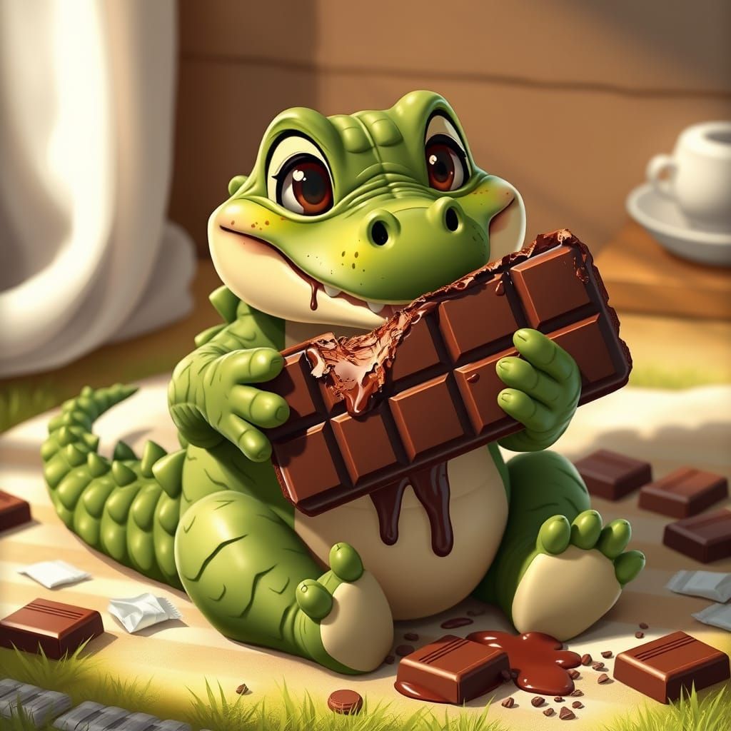 Baby Crocodile with Chocolate Bar in Hyperrealism Style