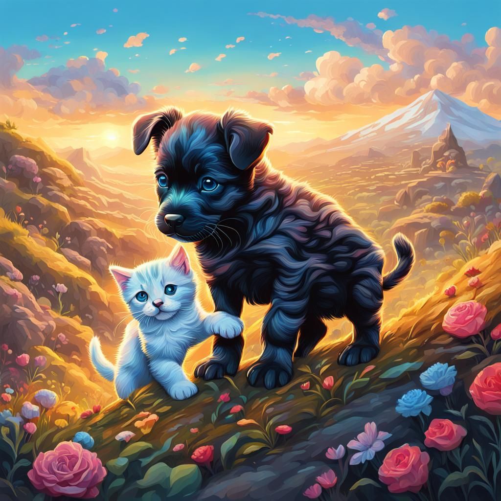 Puppy and Kitten on Hill in Hyperrealistic Style