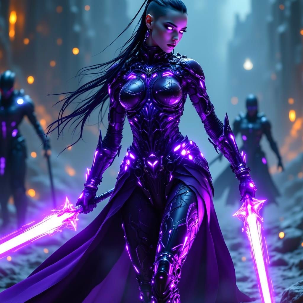Beautiful female supervillain. Archon knight, glowing smooth...