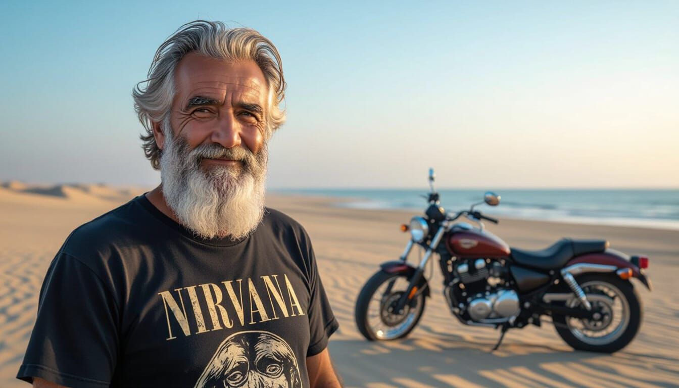 Elderly Man and Honda Rebel on Persian Gulf Beach